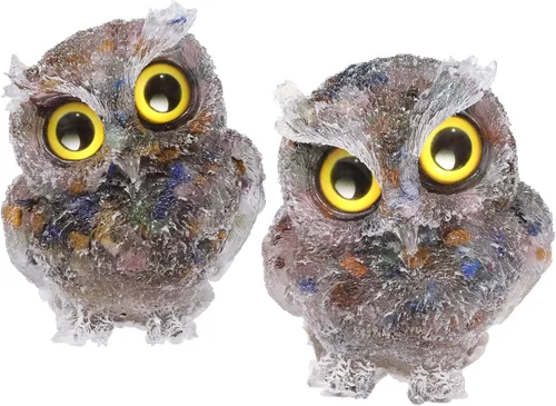 Vista 9 de TUMBEELLUWA Juego de 2 mini adornos de figura de búho de cristal de amatista, estatuas decorativas de búho de resina para mesa de oficina en casa