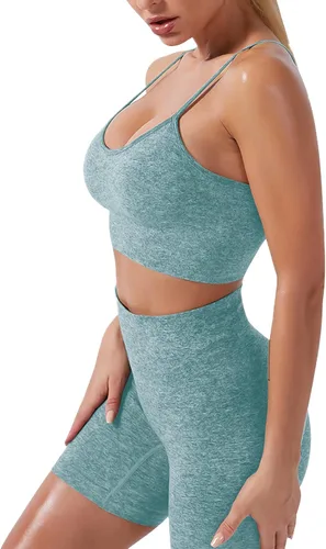 Vista 3 de Conjunto de yoga para mujer, sin costuras, pantalones cortos de ejercicio de cintura alta con brasier deportivo, 3 piezas, conjunto deportivo