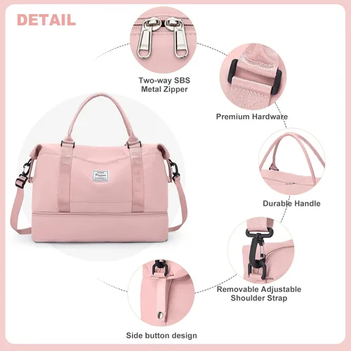 Vista 6 de Bolsas de fin de semana para mujer, bolsas de viaje con compartimento para zapatos, Rosado, Bolsa de viaje+neceser