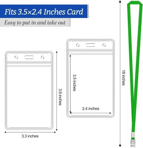 Vista 2 de 100 tarjetas de identificación verticales transparentes y 100 cordones, cordones reutilizables para soporte para tarjetas de identificación, soporte