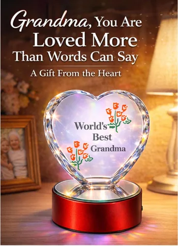 Vista 7 de Corazón para la abuela con luz LED con la leyenda "World 's Best Grandma" Corazón de vidrio grabado corazón en base de luz LED.