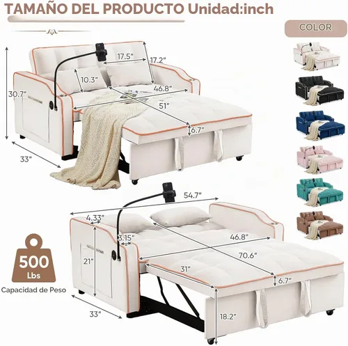 Vista 2 de Antetek Sofá cama con puerto USB y tipo C, moderno sofá biplaza convertible 3 en 1 de terciopelo extraíble con soporte para teléfono/portavasos