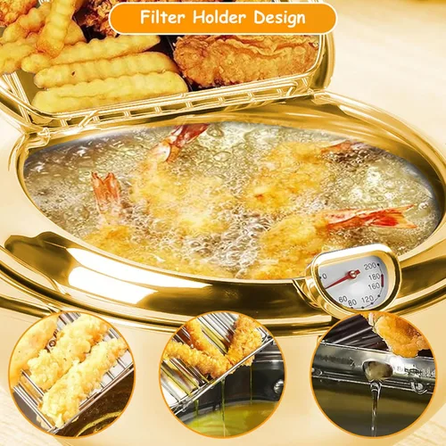 Vista 4 de Olla para freír tempura de 11 pulgadas/4.2 L con tapa, olla de acero inoxidable 304 con control de temperatura y rejilla de drenaje de aceite
