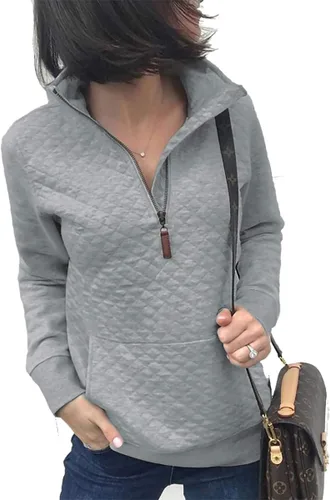 Vista 2 de Sudadera de manga larga acolchada para mujer, diseño casual, con cremallera, color liso. JNINTH