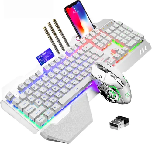 Vista 9 de Combo de teclado y mouse inalámbricos para juegos, teclado con retroiluminación LED arcoíris recargable con batería de 3,800 mAh, panel de metal