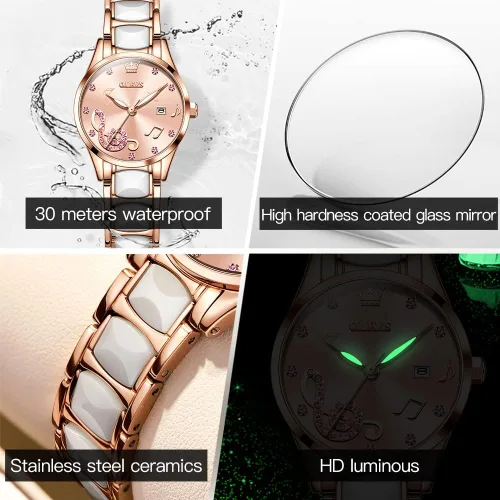 Vista 6 de OLEVS Relojes para mujer oro rosa de dos tonos de moda de cerámica blanco esfera rosa roja acero inoxidable fecha impermeable