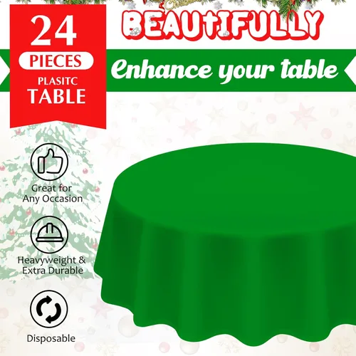 Vista 4 de Juexica 24 Piezas Manteles de Plástico Navideños de 84 Pulgadas Redondos Desechables Mantel de Plástico Impermeable Decorativo Cubierta de Mesa Rojo