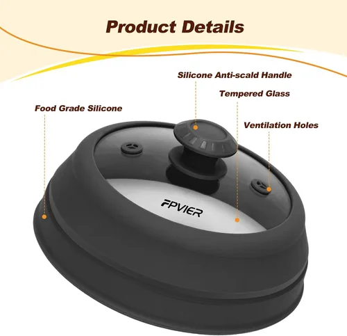 Vista 4 de FPVIER Cubierta plegable para salpicaduras de microondas - Tapa ventilada de silicona y vidrio con mango de fácil agarre, se ajusta a platos