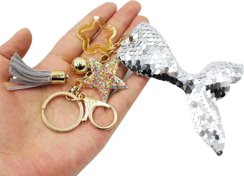 Vista 3 de Llaveros reversibles con lentejuelas con purpurina para cola de sirena regalos de fiesta para mujer accesorios brillantes