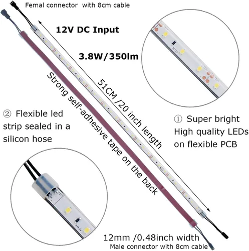 Vista 2 de Litever Aditional - Tira de luces LED flexibles de 20 pulgadas, 12 V CC, 4 W, luz blanca diurna 5000 K, parte trasera autoadhesiva, con clips