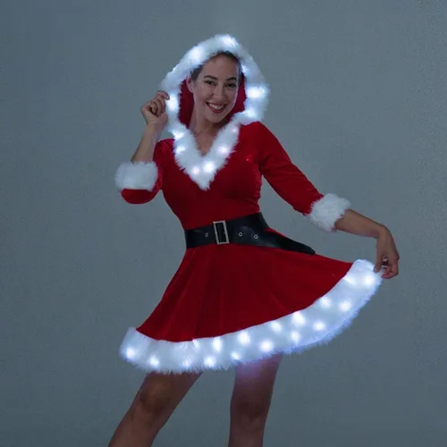 Vista 3 de Disfraz de Papá Noel para mujer, vestido de Navidad con luz LED, disfraz de cosplay de la señora Claus
