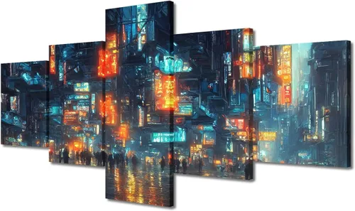 Vista 218 de Cuadros de 5 paneles de Cyberpunk City, arte de pared, representación de vallas publicitarias, edificios modernos en la capital con obras de arte