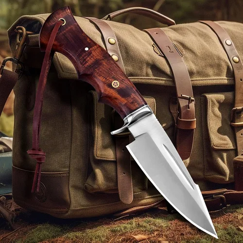 Vista 8 de Cuchillo de caza de Damasco hecho a mano de 10 pulgadas con funda de cuero, ideal para desollar, acampar, al aire libre, cuchillo de bushcraft