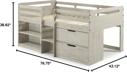 Vista 9 de Donco Kids Cama tipo loft baja individual con estantería y baúl de almacenamiento, individual, gris claro rústico