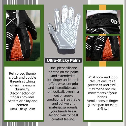 Vista 4 de Seibertron Pro 3.0 Elite Ultra-Stick Football Receiver Gloves, High Performance Non-Slip Sports Gloves for Youth Kids Boys Girls & Adult
