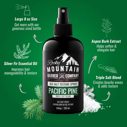 Vista 2 de Rocky Mountain Barber Company Spray de sal marina para hombres, añade volumen, textura y sujeción ligera para todo tipo de cabello, mezcla triple