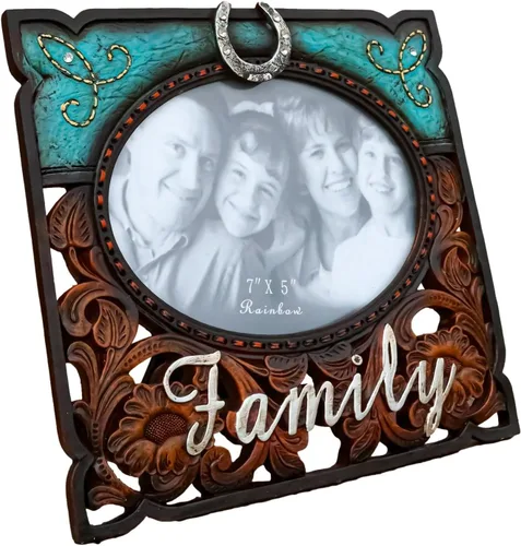 Vista 5 de Ebros Gift Rustic Western Family - Marco de fotos de piel sintética turquesa y resina de madera tallada, 7 x 5 pulgadas, con caballete trasero