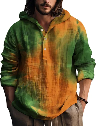 Vista 9 de Sudaderas con capucha para hombre, con estampado de teñido anudado, cuello en V, manga larga, con botones, de gran