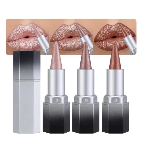 Vista 17 de evpct Combo de delineador de labios metálico rosa brillante y lápiz labial, lápiz labial con punta de cono para mujer, de larga duración