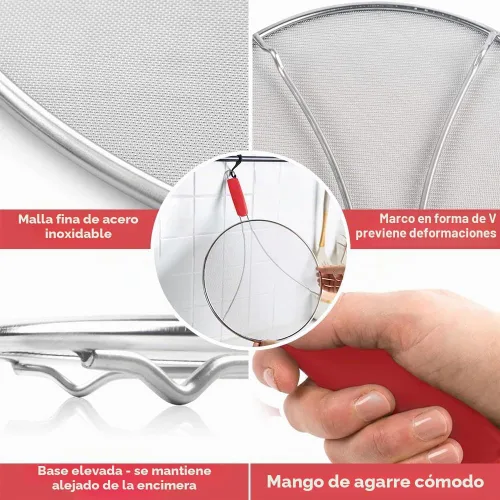 Vista 5 de Pantalla contra salpicaduras para sartén y colador de alimentos, protector de salpicaduras de grasa de acero inoxidable de 13 pulgadas, protector