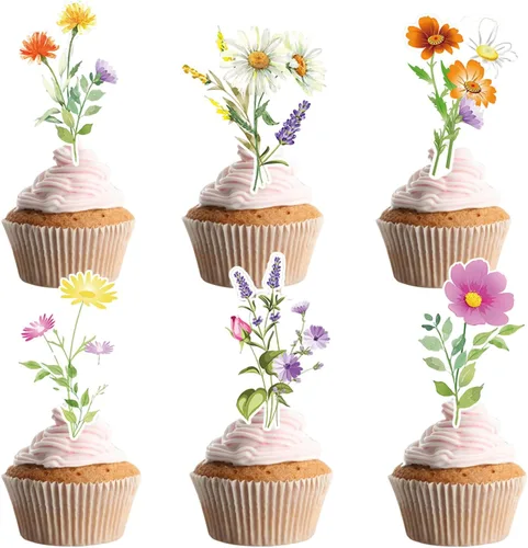 Vista 7 de 48 piezas de suministros de fiesta de cumpleaños boho, decoración de cupcakes boho para fiesta de cumpleaños, suministros de decoración de pasteles