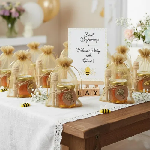 Vista 4 de Mini tarros de miel, 1.5 onzas de cristal hexagonal con goteros, abalorios de abeja, bolsas de regalo de organza y calcomanías, perfecto