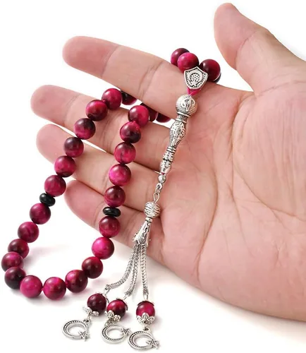 Vista 2 de TAS B Tasbih - Cuentas de oración, 33 piedras de ojo de tigre rosa (33 cuentas de 0.394 in) - Rosario musulmán Masbaha - Zikr, Dhikr Subha - Capilla