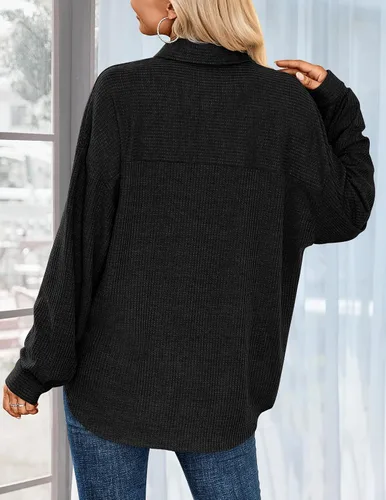 Vista 4 de HOTOUCH Camisa de punto con botones para mujer, estilo casual, manga larga, holgada, con bolsillo