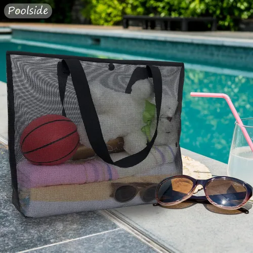 Vista 3 de Paquete de 2 bolsas grandes y ligeras de malla simple con botón a presión, reutilizable, bolsa de piscina para viajes al aire libre, compras