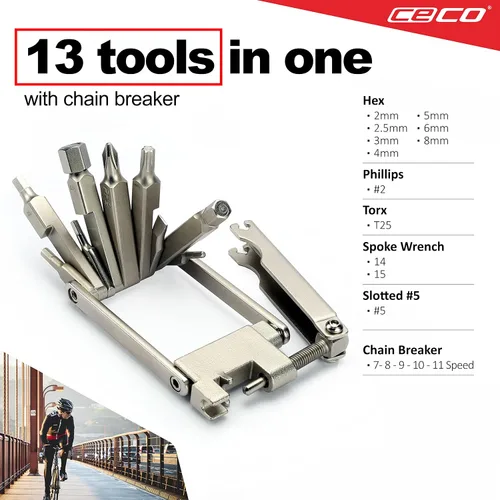 Vista 3 de CECO USA - Herramienta de bicicleta de 13 funciones con rompedor de cadena, multiherramienta para bicicleta, ultra delgada, tamaño de bolsillo