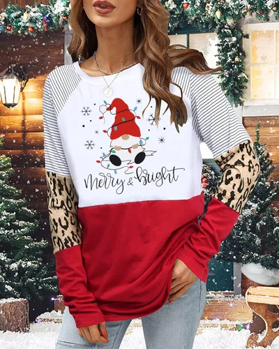 Vista 3 de SFHFY Camisetas de Navidad para mujer, con gnomos, con luces, a cuadros, empalme, raglán, de manga larga, sin botones, para Navidad