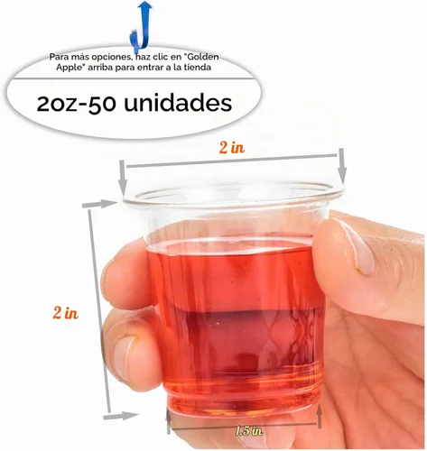 Vista 2 de Golden Apple, Vasos de plástico transparente de 2 onzas. Mini vasos desechables, vasos de chupito de plástico, vasos de fiesta de gelatina – 50