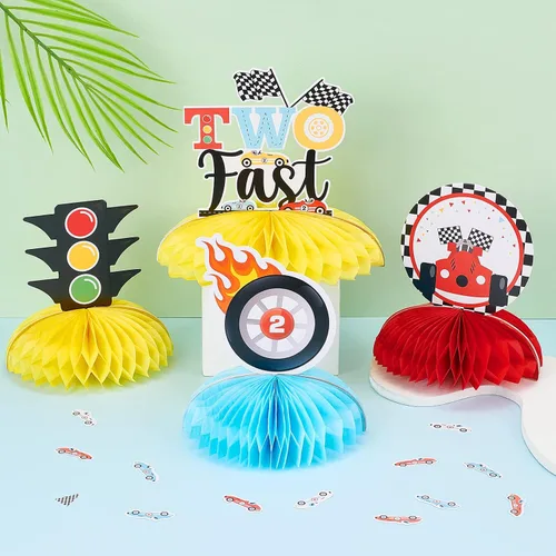 Vista 3 de Fangleland 8 centros de mesa rápidos de panal de abeja, temática de auto de carreras retro, decoración de mesa 3D para fiesta de segundo cumpleaños