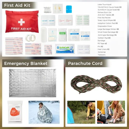 Vista 5 de Survival Kit, 246Pcs Emergency Survival Gear with First Aid Kit, Tactical Bag, Camping Axe, Folding Shovel & Solo Camping Pot, Bug Out Bag for