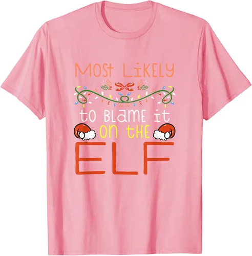 Vista 31 de Camiseta de Navidad familiar a juego con la frase "Most Likely To Blame It On The Elf" Negro