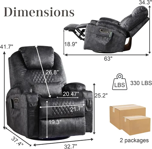 Vista 2 de AHMED Silla reclinable giratoria de doble motor con masaje y calor, mecedoras eléctricas con portavasos, luces LED, puertos USB A/USB C para sala