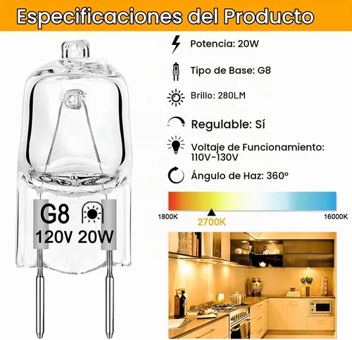 Vista 3 de Bombilla halógena G8 de 20 W, 120 V, T4, tipo JCD, base G8, bombillas de xenón bi-pines, regulables con larga vida útil, bombillas halógenas G8