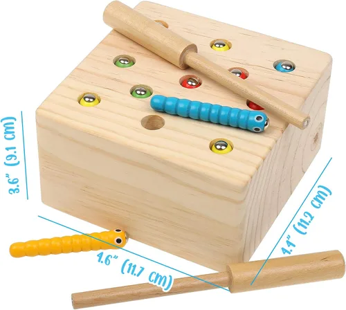 Vista 5 de Boxiki kids Juguetes Montessori de madera para bebés, niños pequeños y niños, habilidades motoras finas, juego de gusano magnético para 3 años