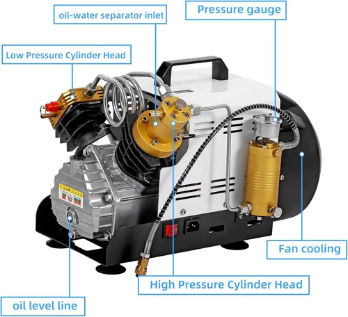 Vista 8 de Compresor de aire PCP, 4500 PSI/30 MPa, apagado automático, 110 V AC/220 V CA, compresor de doble cilindro PCP, adecuado para rifles de aire PCP