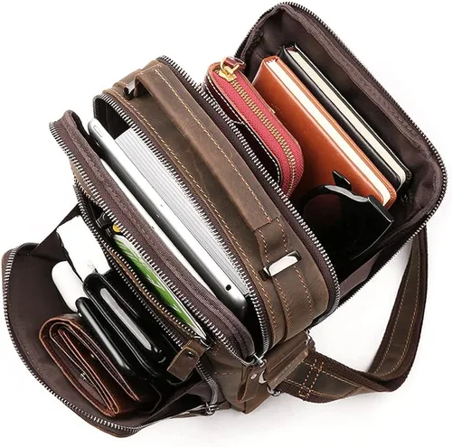 Vista 2 de CHARGELLA Genuine Leather Messenger Bag for Men, Office Work CrossBody Adjustable Shoulder Bag with 6 Zipper Pocket for Phone, Wallet, Storage Brown