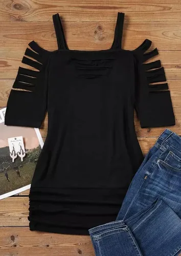 Vista 3 de Camiseta con hombros descubiertos recortados para mujer, camisa de manga lacerada ahuecada con cuello cuadrado, blusa casual de verano