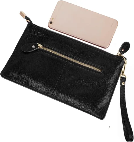 Vista 7 de YALUXE Clutch Wristlet - Cartera de piel auténtica con bloqueo RFID y cadena de hombro