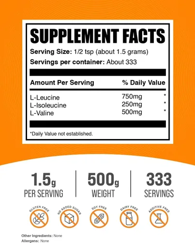 Vista 2 de bulksupplements Pure Aminoácidos BCAA 3: 1: 2 (Sucursal Cadena) en polvo, 1