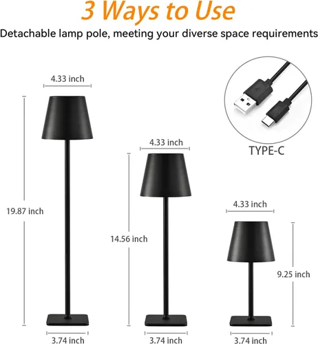 Vista 6 de Paquete de 2 lámparas de mesa inalámbricas recargables, funciona con pilas, lámpara LED táctil regulable con 3 temperaturas de color, lámpara