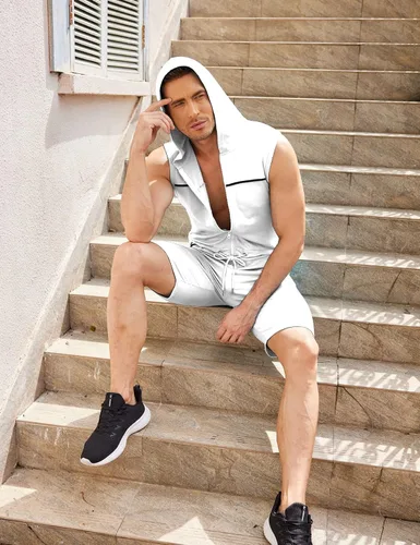 Vista 4 de COOFANDY Enterizo de una pieza para hombre, casual, a la moda, cómodo, sin mangas, ajustado, con cremallera, con bolsillos