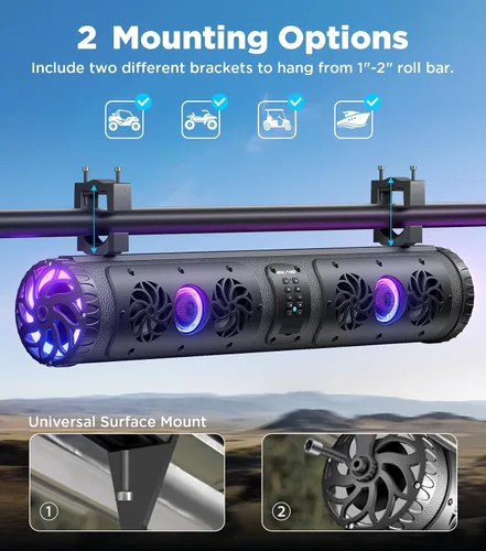 Vista 6 de Ehaho Barra de sonido para carrito de golf Bluetooth con altavoces retroiluminados multicolor, barra de sonido estéreo UTV impermeable de 27