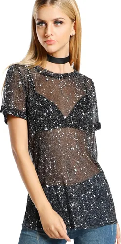 Vista 3 de WDIRARA Blusa de malla para mujer con purpurina transparente y de manga corta