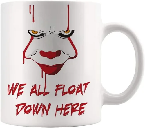 Vista 2 de Fonhark - Taza de café Pennywise, We All Float Down Here, taza de café novedosa de 11 onzas, color blanco