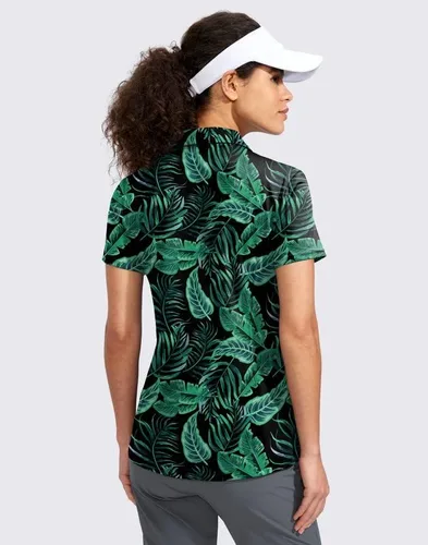 Vista 2 de Viodia Camisa de golf para mujer, manga corta, con cremallera, de secado rápido, elástica, con cuello de tenis, ropa de golf