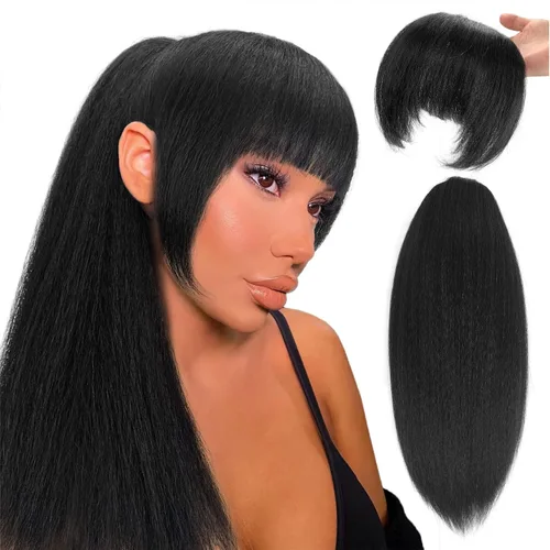 Vista 13 de Cola de caballo recta Yaki de 12 pulgadas con cordón para mujeres negras, sintética, gruesa, recta, longitud del hombro, extensión de cola